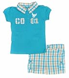 Company 81 Aqua Coral & W/Tan Plaid Girls 2Pc Short Set