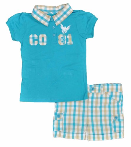  Company 81 "Aqua Coral & W/Tan Plaid" Girls 2Pc Short Set
