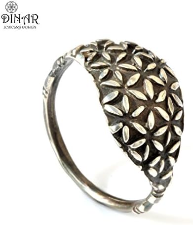 Sterling silver black gemstone ring flower of life pattern, women silver ring, engraved floral pattern, square shape, black onyx silver ring