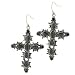 Silver Tone Cross With Black Stones Dangle Earrings