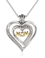 18K Gold Plated Sterling Silver Diamond Accent Mom Double Heart Pendant Necklace, 18"