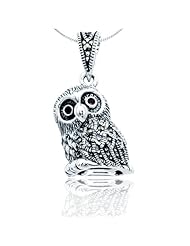 Chuvora .925 Oxidized Sterling Silver Wise Owl w/ Genuine Swarovski Marcasite and Natural Brilliant Red Garnet Eyes Pendant, Fashion Jewelry for Men, Women, Teen, Boys