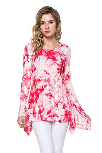 Frumos Womens Long Sleeve Tie Dye Spandex Tunic Hi-Low Tunic Top