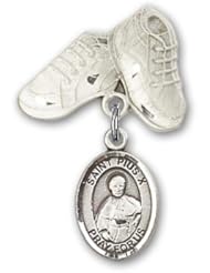 Sterling Silver Baby Badge with St. Pius X Charm and Baby Boots Pin