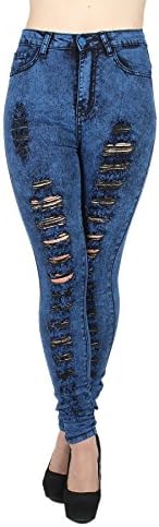 XH9002W - High Waist Color Acid Wash Skinny Distressed Ripped Destroyed Jeans in Blue Size 5