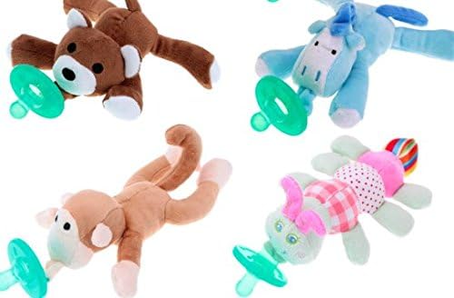 Animal Pacifier 2 Pack, High Quality Pacifier With Toy To Fascinate Baby, Bear &amp; Dragon for Boys, Monkey &amp; Caterpillar for Girls (Girl)