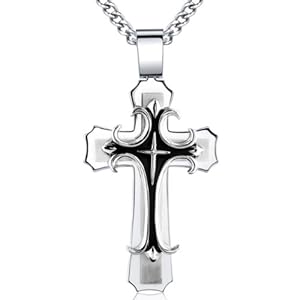 Stainless Steel Men's Large Cross Pendant with 24 Inch Curb Chain