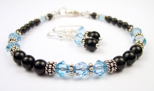 Pearl Bracelets: March Aquamarine Birthstone Bracelets & Earrings Set: Handmade with Black Pearls