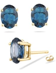6.40 Cts of 10x8 mm AA Oval London Blue Topaz Stud Earrings in 14K Yellow Gold