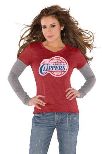 Los Angeles Clippers Red Women's Primary Logo Tri Blend Long Sleeve Layered T-Shirt- by Alyssa Milano