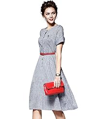 Cotton/Linen Belted Vintage Short Sleeves Midi Dress 