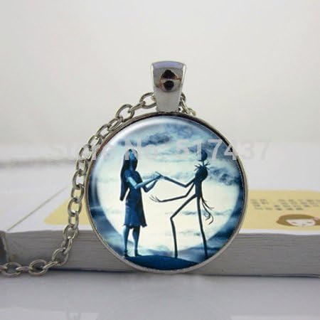 VintaStore Fashion Round Glass Cabochon 25Mm Jack And Sally Necklace Nightmare Before Christmas Pendant Glass Cabochon Necklace