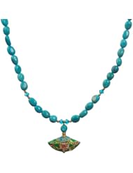 Chinese Turquoise Nugget, Crystallized Swarovski Elements Beads and Cloisonne Drop Necklace with Gold Plated Sterling Silver, 18"