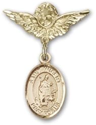 14K Gold Baby Badge with St. Hubert of Liege Charm and Angel with Wings Badge Pin