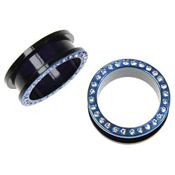 Acrylic Flesh Tunnel with Clear Stones - Blue - 6g - Sold as pair