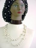 Sn73, Hand Crocheted Black Metallic Gimp Large Snood Trimmed with Silver Beads for Women in Combination with Two Strand White Pearl Necklace and Earrings