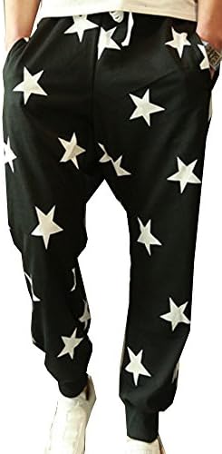 Aishang Mens Fashion Drop Crotch Stars Flower Print Drawstring Sport Pants