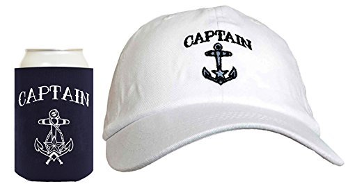 Funny Sailing Embroidered Captain Hat Embroidered Cap and Funny Beer Coolie Can Cooler Gift Set Bundle White