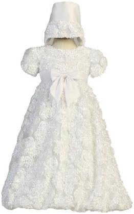 Long White Ribbon Clusters on Tulle Christening Special Occasion Gown with Hat