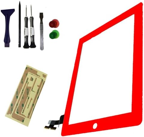 YB Planet iPad 2 Digitizer Screen Replacement RED + 3M Pre-Cut Adhesive + Metal Opening Pry Tool + Six Piece Complete Tool Set