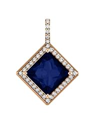 10K Rose Gold 8.00x8.00mm Princess Cut Chatham Created Sapphire and Diamond Pendant
