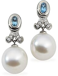 18K Palladium White Gold Paspaley South Sea Cultured Fine Oval Pear, Aquamarine and Diamond Earrings -- LIFETIME WARRANTY