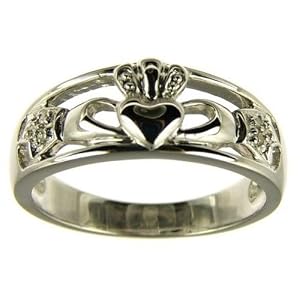 9ct White Gold Ladies Diamond Set Celtic Claddagh Ring Size M