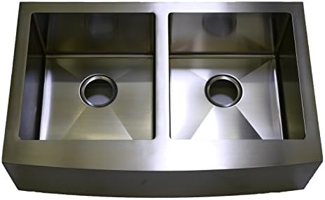 sinks4you 1SCAR-16-36-5050-C Farmhouse Curved Apron Front 50/50 Double Bowl, Small Radius Inside Corners, 16 gauge Stainless Steel Kitchen Sink 33 x 21 x 10 combo with Strainer Drain unit and Basin Bottom Protective Grid Racks