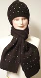 Knitted Dark Brown Color Acrylic Sixty Five By Eight Inches Scarf Hat Set with Sparkling Rhinestones