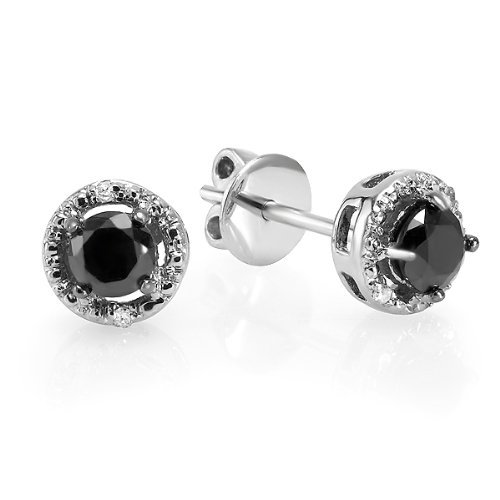 Sterling Silver Ladies Round Black and White Diamond Stud Earrings 3/4 CT (0.75 cttw, I-J & Black Color, I2-I3 & Opaque Clarity)