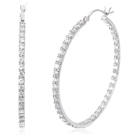Platinum Overlay Sterling Silver Cubic Zirconia "Inside Out" Hoop Earrings