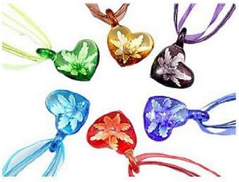 Murano Heart Shaped 3D Flower Colour Glass Pendant Necklace 6PC Mix Color Set