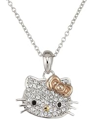 Hello Kitty by Simmons Jewelry Co. Czech Crystal Flat Pave Face Rose Gold Plated Bow Girls Pendant Necklace