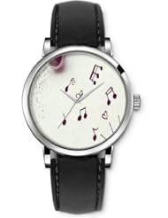 SPRAWL Aanalog Fashion Series Silver Ladies Watches of Genuine Black Leather Strap,Unique Wrist Watch for Women Girls Designed with Symbol of music