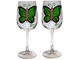ArtisanStreet's Butterfly Design Wine Glasses. Set Of Four Goblets. Feature Green & Pink Hand Painted Butterflies. One Of A Kind & Signed By Artisan.