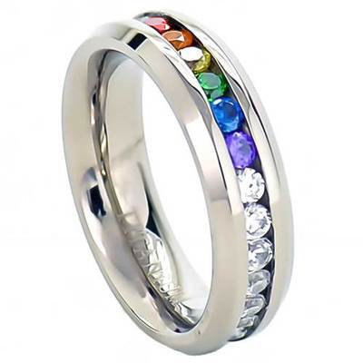 Rainbow Super Full String Clear & Rainbow Ring. Gay & Lesbian Pride Stainless Steel Ring (Great as Gay Gift or Wedding Marriage or Engagement band w/ CZ Stones)