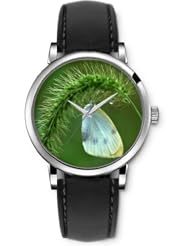SPRAWL Aanalog Fashion Series Silver Ladies Watches of Genuine Black Leather Strap,Unique Wrist Watch for Women Girls Designed with Butterfly on a a branch
