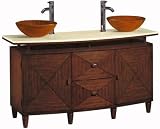 Kyoto Double Bathroom Vessel Sink Cabinet with Solid Granite Top 46.5H x 63W x 20.75D, DBL CRM MARBLE, DARK BROWN