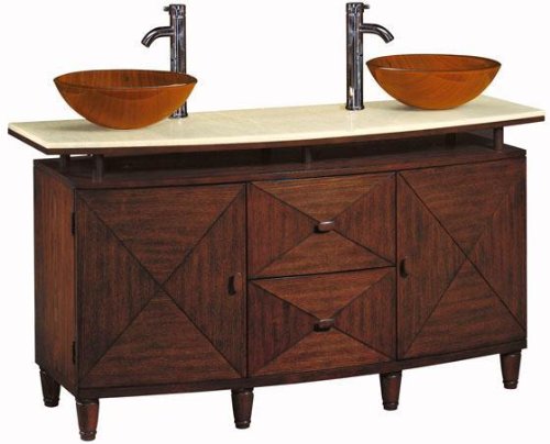 Kyoto Double Bathroom Vessel Sink Cabinet with Solid Granite Top 46.5H x 63W x 20.75D, DBL CRM MARBLE, DARK BROWN