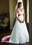 David's Bridal Wedding Dress: Satin A-line Halter with Split Front Style T9218, White/Apple, 12