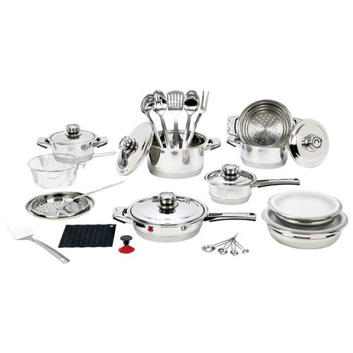 New Longevity 32pc 9-Ply Surgical Stainless Steel Cookware Set With Salesmens Case Suction Knob