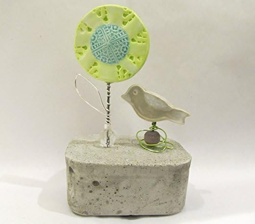 Handmade Clay Flower and Bird in Poured Concrete with Colored Wire