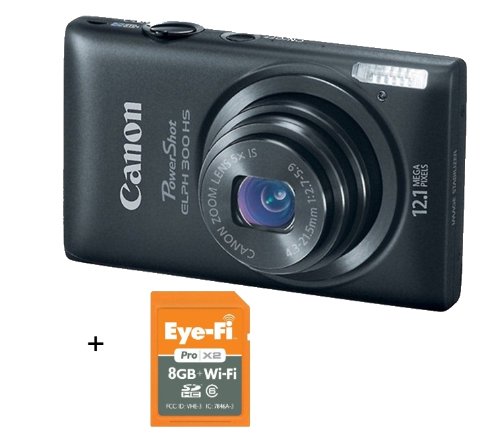 Canon PowerShot ELPH 300 HS 12.1 MP Digital Camera (Black) & Eye-Fi Pro X2 8 GB Class 6 SDHC Wireless Flash Memory Card EYE-FI-8PC - BUNDLE