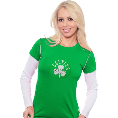Majestic Threads Boston Celtics Women's Double Layer Thermal Long Sleeve T-Shirt W/ Swarovski Crystals Extra Large