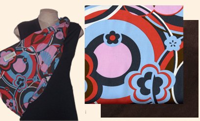 Chic Papoose Pouch Style Baby Sling with Pink/Blue/Red Graphic Print w/Chocolate Reverse PETITE