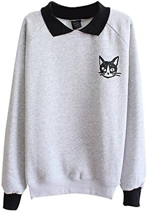 Yaslnn Womens Cat Print Knit Sweater Grey Blouse Pullover Sweatshirt Asian XL