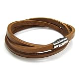 Queenberry (Free S/h) Stainless Steel (316L) 3 Rounds Brown Flat Leather Cord 5mm Magnetic Wristband Bracelets 8''