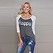 Fedi Apparel Womens 3/4 Sleeve Crew Neck Blouse Loose Tee Shirt Tops Letter Print Tee,Grey,X-Large