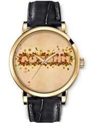 SPRAWL Aanalog Fashion Series Gold Ladies Watches of Genuine Black Leather Strap,Unique Wrist Watch for Women Girls Designed with Autumn leaves