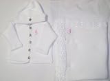 Knitted on Hand Knitting Machine White Cotton Finished By Hand Crochet with White Chenille Infant Boys and Girls Cardigan Pant Hat Set Trimmed with Pink Monogram Letter and 32 Inch By 46 Inch Matching Blanket